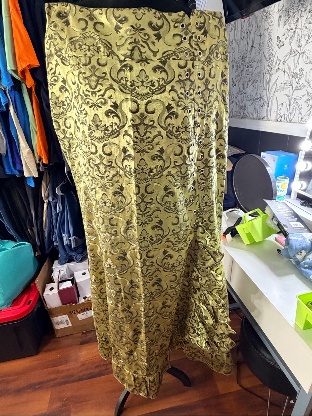 Source Unknown Olive Green Brocade Maxi Skirt with Eyelet Accents